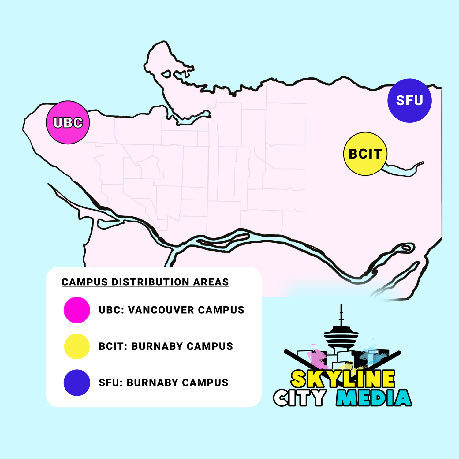 Skyline City Media's Large Campus Postering Distribution Map including UBC, BCIT, SFU, and custom areas available in the Lower Mainland. 