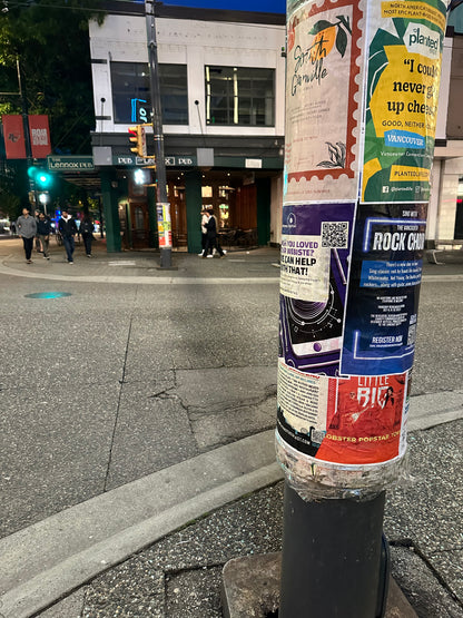  A closeup shot of a poster cylinder in Vancouver, one of many advertising solutions by Skyline City Media