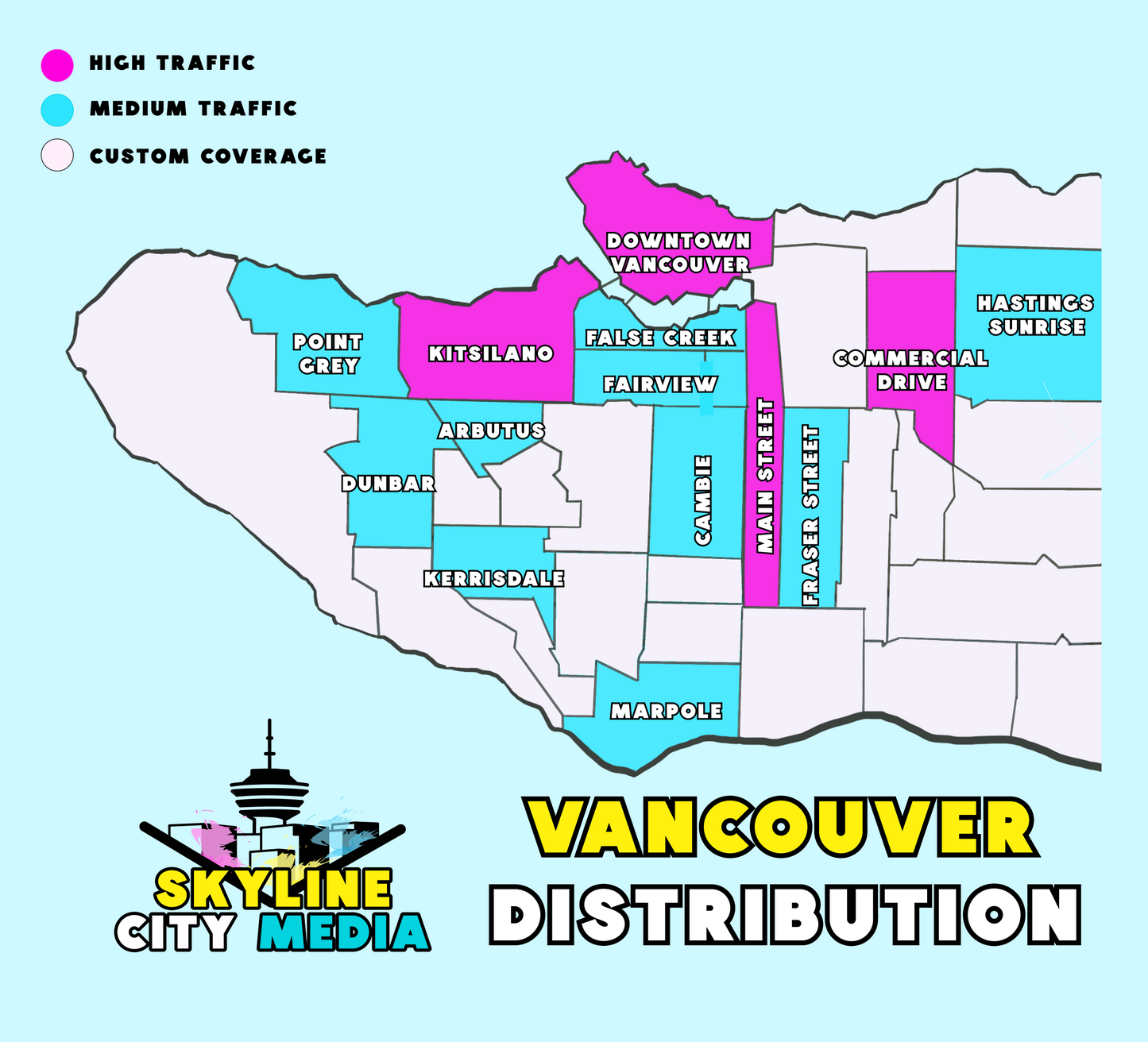 Skyline City Media's Vancouver distribution map for high-impact postering campaigns - showcasing the areas in Vancouver with the highest foot traffic.