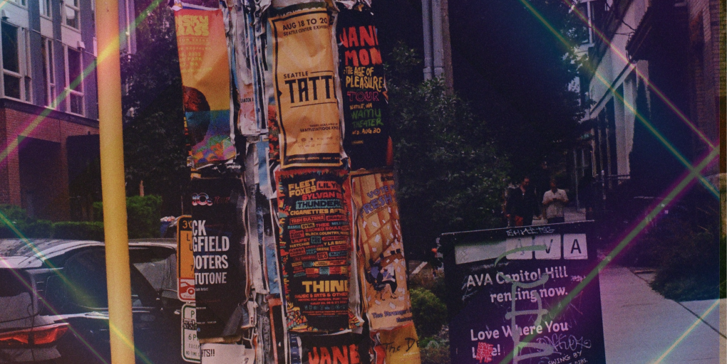 Posters on a pole in Seattle, Washington demonstrating the impact of grassroots marketing campaigns