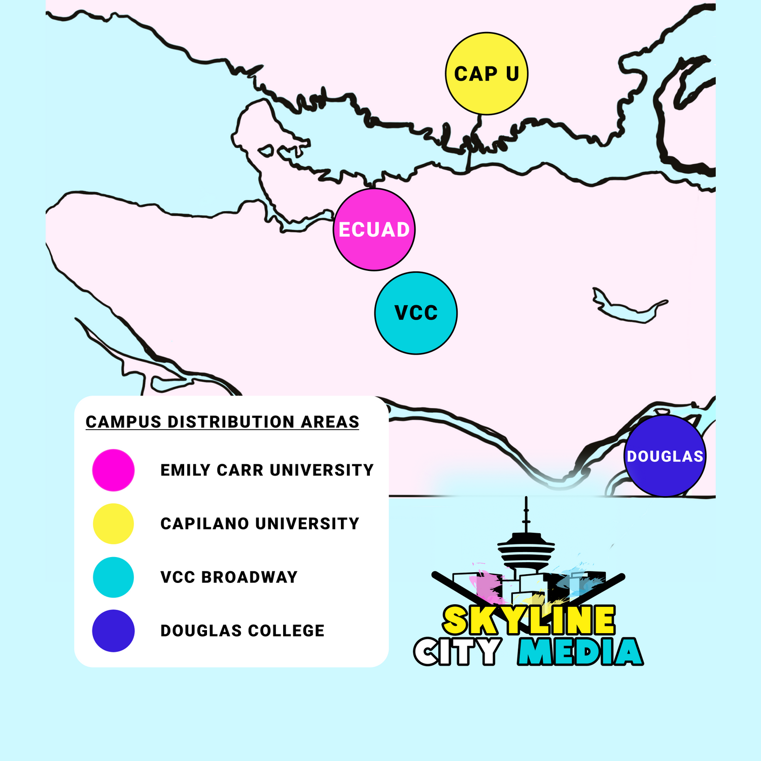 Skyline City Media's campus poster distribution map for posters installed at small campuses in Vancouver, North Vancouver, and New Westminster. Campaigns include Emily Carr University, Capilano University, VCC Broadway Campus, and Douglas College. 