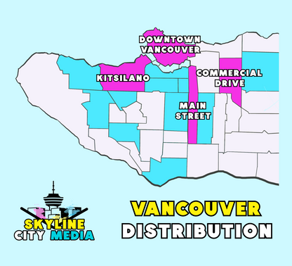 Skyline City Media's Vancouver distribution map for high-impact postering campaigns - showcasing the areas in Vancouver with the highest foot traffic.